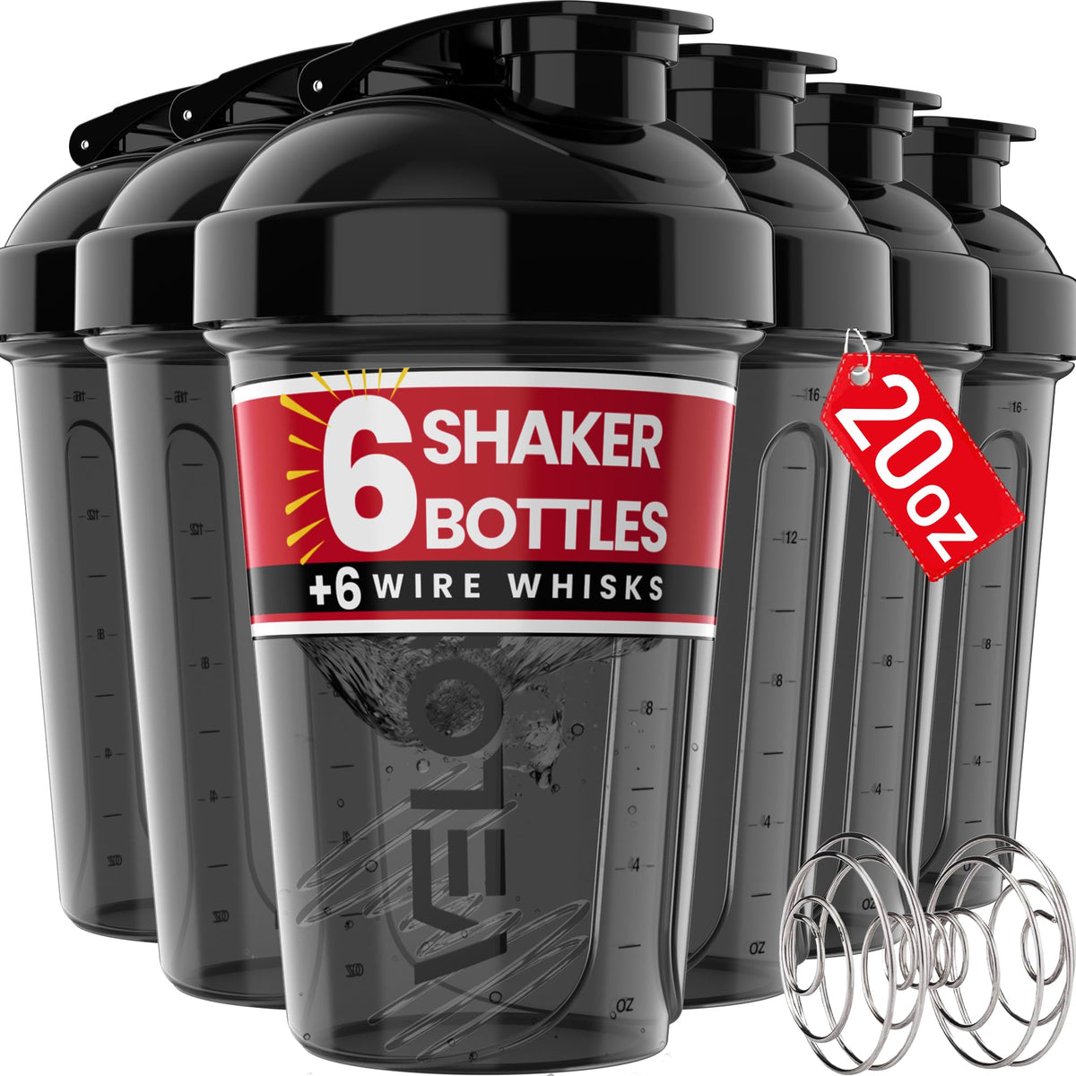 VELOMIX -6 PACK- 20 OZ Protein Shaker Bottles for Protein Mixes Shaker Cups for Protein Shakes Small Shaker Bottle Pack Shaker Cup Shakers for protein Shakes (20 OZ - 6 PACK BLACK)
