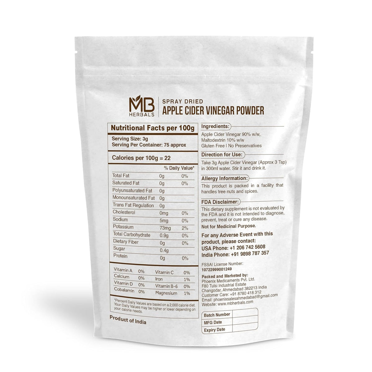 MB Herbals Apple Cider Vinegar Powder – 8 oz, 75 Servings