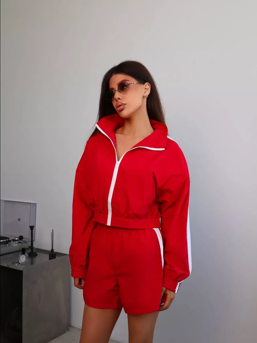 Fashionable Women's Long Sleeve Zipper Hoodie and Shorts Set, Casual Two-Piece Activewear Outfit