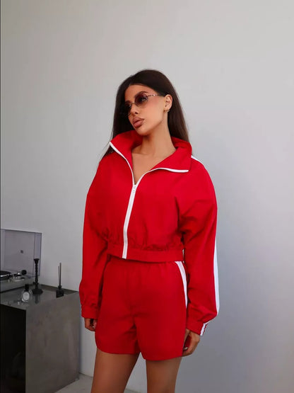 Fashionable Women's Long Sleeve Zipper Hoodie and Shorts Set, Casual Two-Piece Activewear Outfit