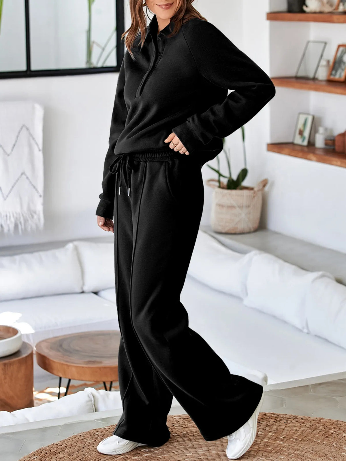 Collared Sweatshirt and High Waist Pants Active Set