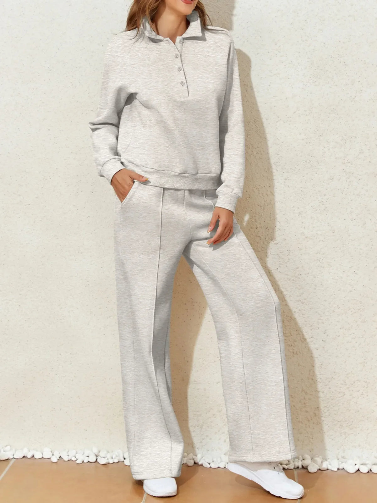 Collared Sweatshirt and High Waist Pants Active Set