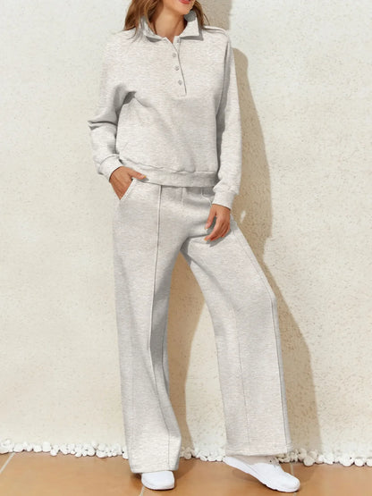 Collared Sweatshirt and High Waist Pants Active Set