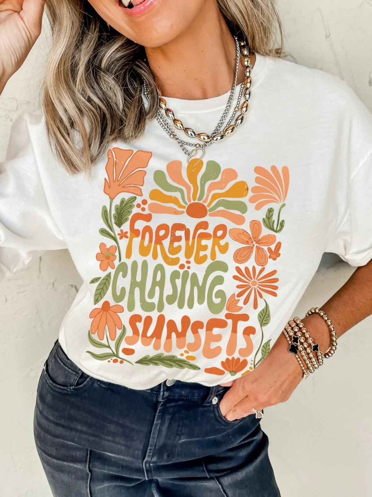 FOREVER CHASING SUNSETS Round Neck T Shirt