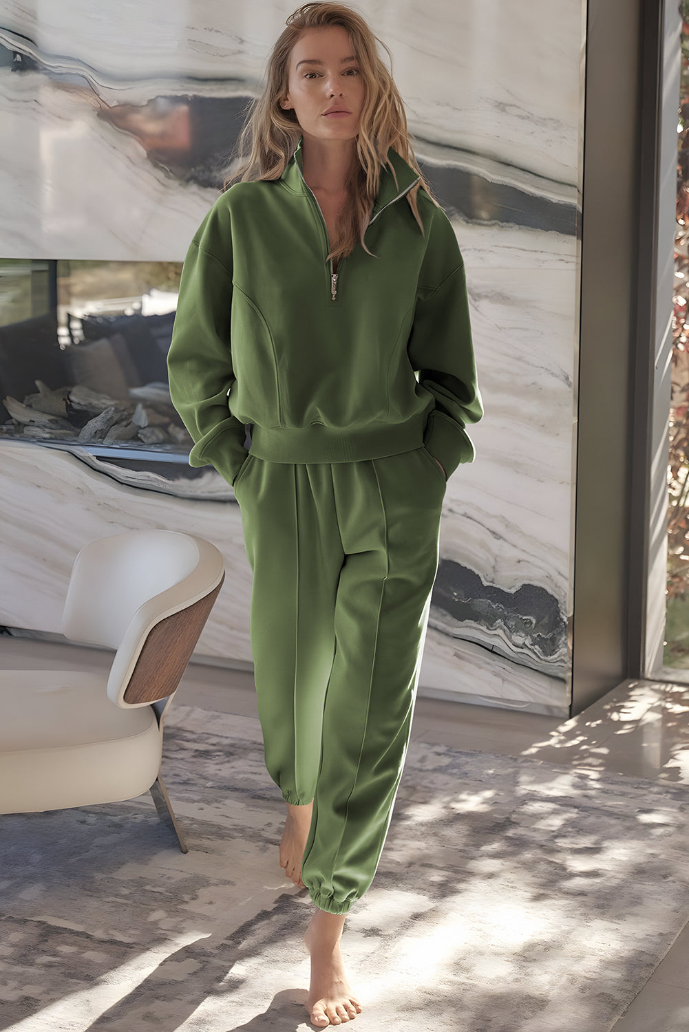 Vineyard Green Half Zip up Pullover Active Top and Joggers Set