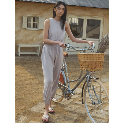Cotton Moisture-Wicking Yoga Jumpsuit with Back Split, Tank Top and Long Pants, Relaxed Fit One-Piece Activewear Set