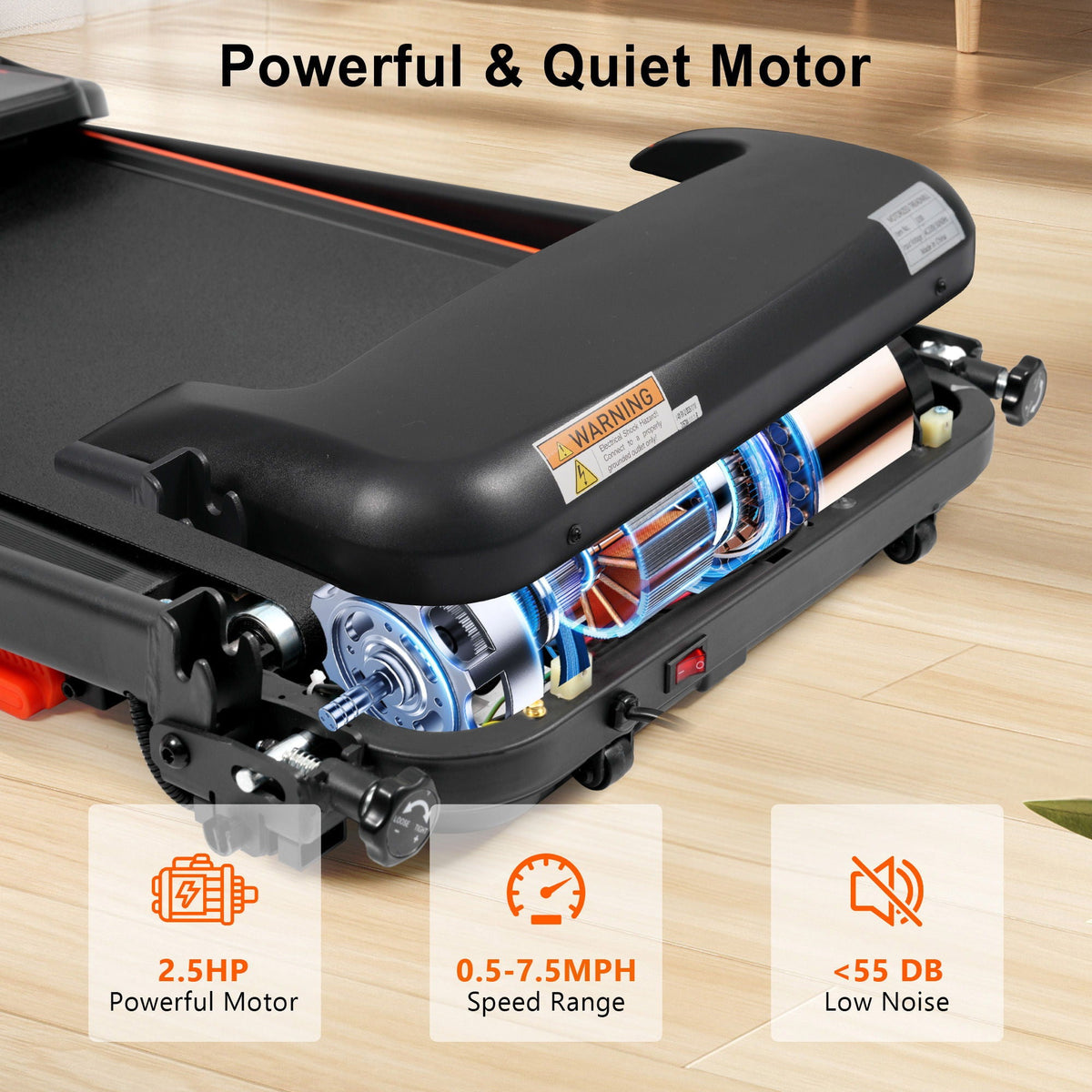 2.5Hp Quiet Folding Treadmill With Heart Rate Sensor, 300Lbs Weight Capacity, With USB Charge Station For Android & Bluetooth Speaker, 6 Shock Absorbing - Black