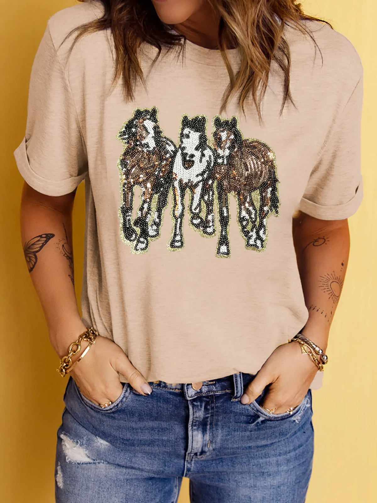 Sequin Horses Patched Casual Crewneck T Shirt