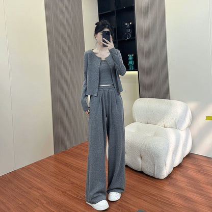 Autumn Lightweight Activewear Set, Casual Fashionable Loose Wide-Leg Pants with Cardigan Jacket, 3-Piece Women's Outfit