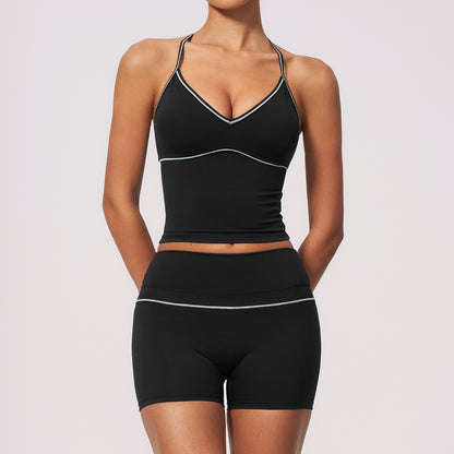 New Fleece Color-Blocking Activewear Set V-Neck Halter Waist-Tightening High-Waisted Outdoor Fitness Yoga Wear for Women