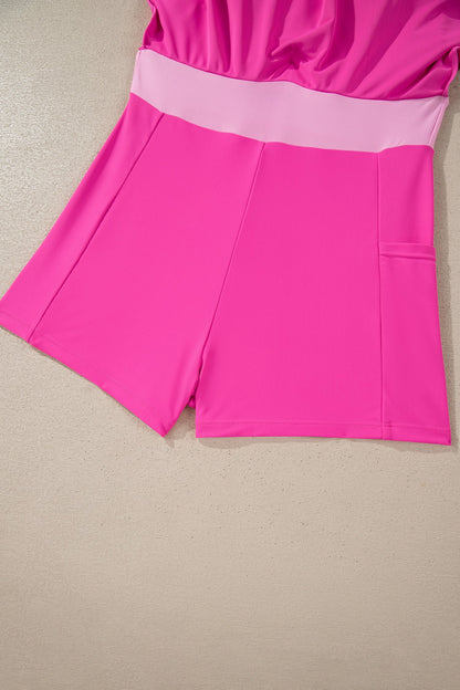 Rose Red Contrast Trim Neckline Active Shorts Attached One Piece Swim Dress