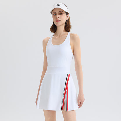New Vintage American Tennis Badminton Sports Jumpsuit with Padded Bra, Sleeveless Outdoor Activewear Skirt with Built-in Underlayer