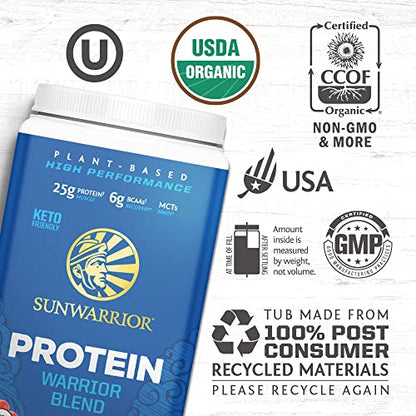 Organic Sunwarrior - Warrior Blend, Plant Based, Raw Vegan Protein Powder with Peas & Hemp, Chocolate, 30 Servings, 26.4 Ounce
