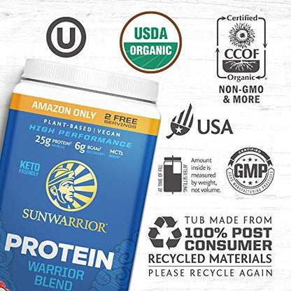 Organic Sunwarrior - Warrior Blend, Plant Based, Raw Vegan Protein Powder with Peas & Hemp, Chocolate, 30 Servings, 26.4 Ounce