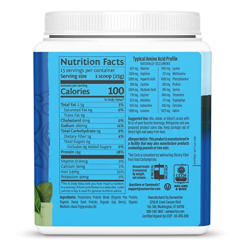 Organic Sunwarrior - Warrior Blend, Plant Based, Raw Vegan Protein Powder with Peas & Hemp, Chocolate, 30 Servings, 26.4 Ounce