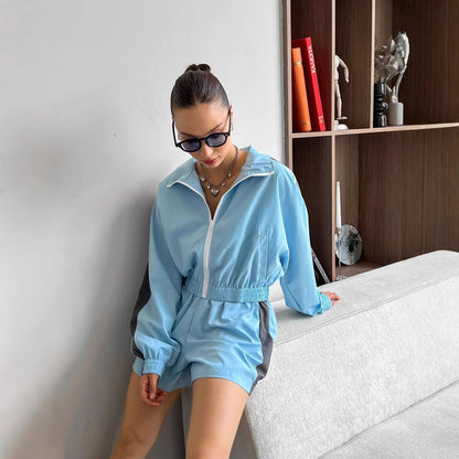 Fashionable Women's Long Sleeve Zipper Hoodie and Shorts Set, Casual Two-Piece Activewear Outfit