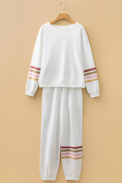 Beige Striped Drop Shoulder Round Neck Pullover and Jogger Pants Active Outfit