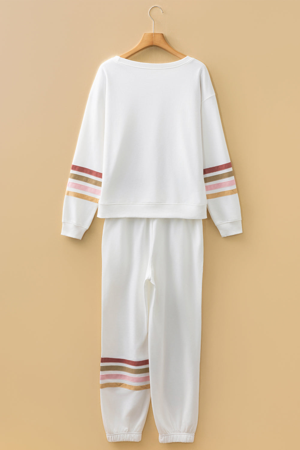 Beige Striped Drop Shoulder Round Neck Pullover and Jogger Pants Active Outfit