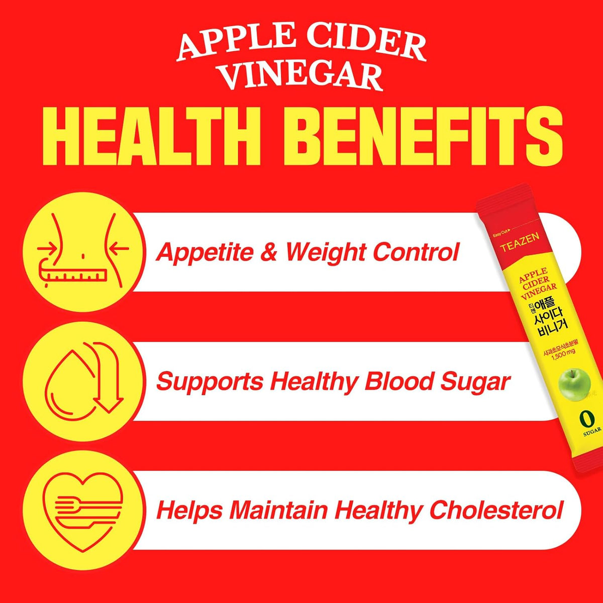 TEAZEN Apple Cider Vinegar Drink Powder – 1500mg ACV, Sugar-Free, 10 Sticks