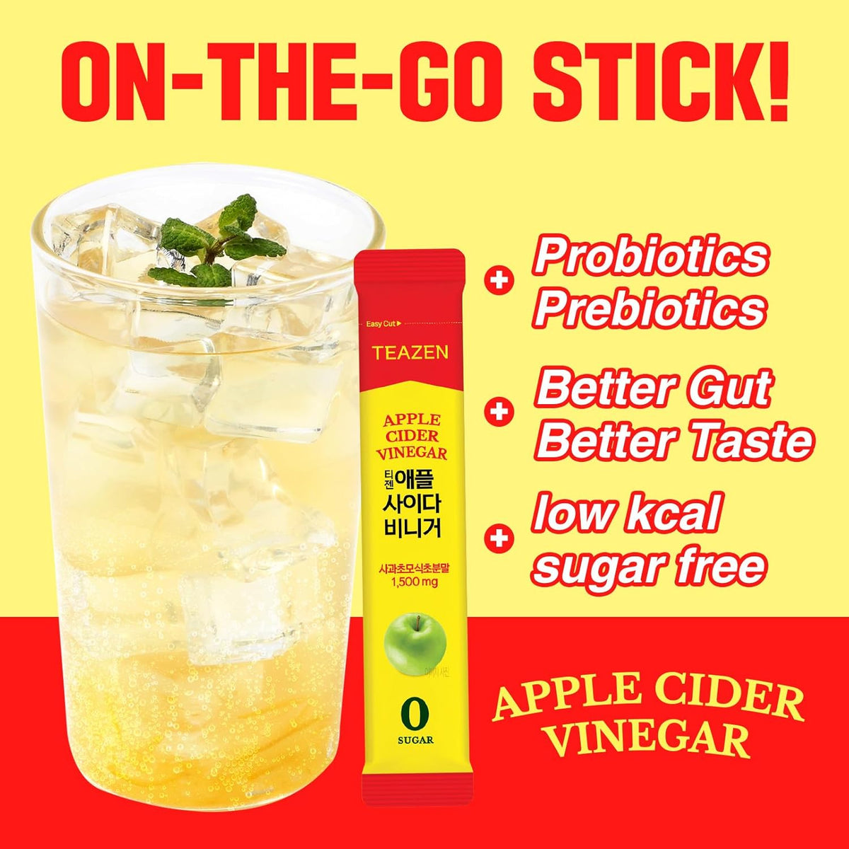 TEAZEN Apple Cider Vinegar Drink Powder – 1500mg ACV, Sugar-Free, 10 Sticks