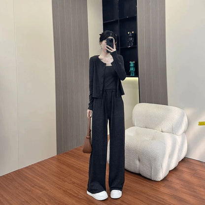 Autumn Lightweight Activewear Set, Casual Fashionable Loose Wide-Leg Pants with Cardigan Jacket, 3-Piece Women's Outfit