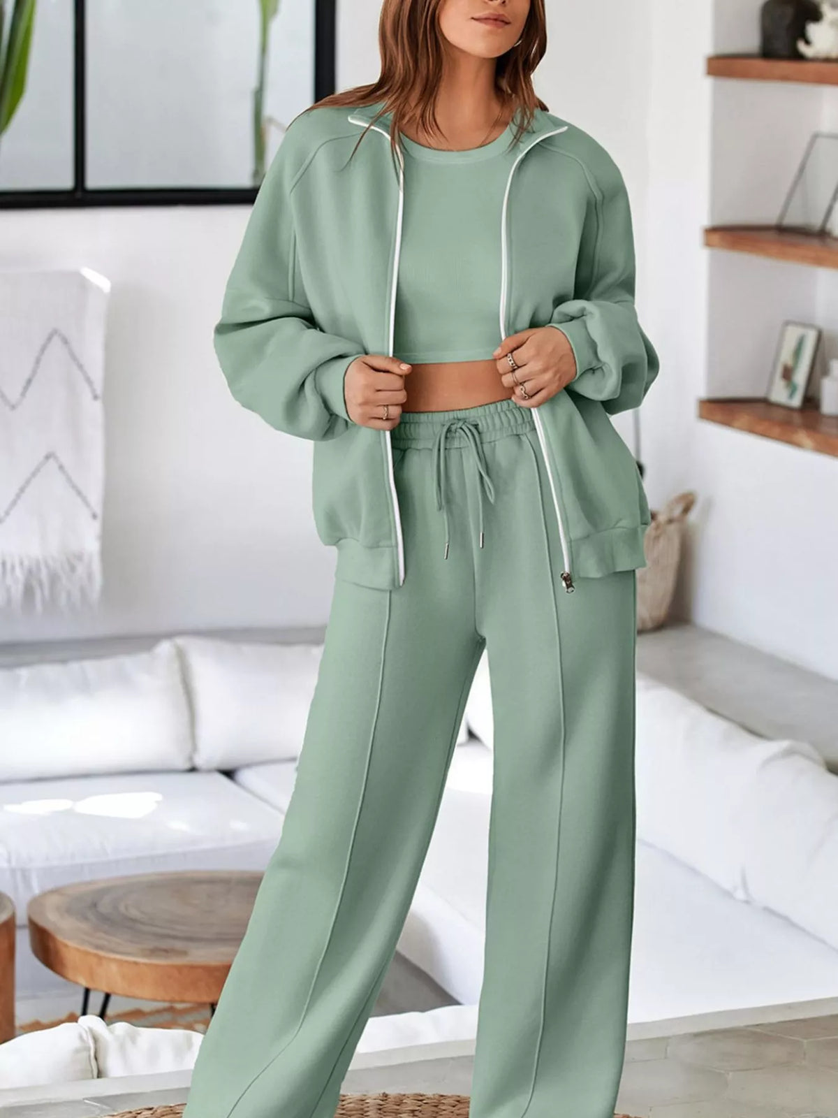 Drop Shoulder Zip Up Jacket and Drawstring Pants Active 2pcs Set