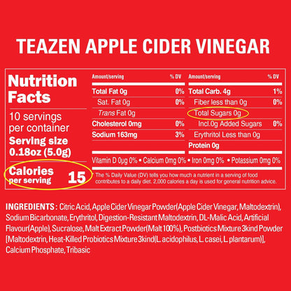 TEAZEN Apple Cider Vinegar Drink Powder – 1500mg ACV, Sugar-Free, 10 Sticks