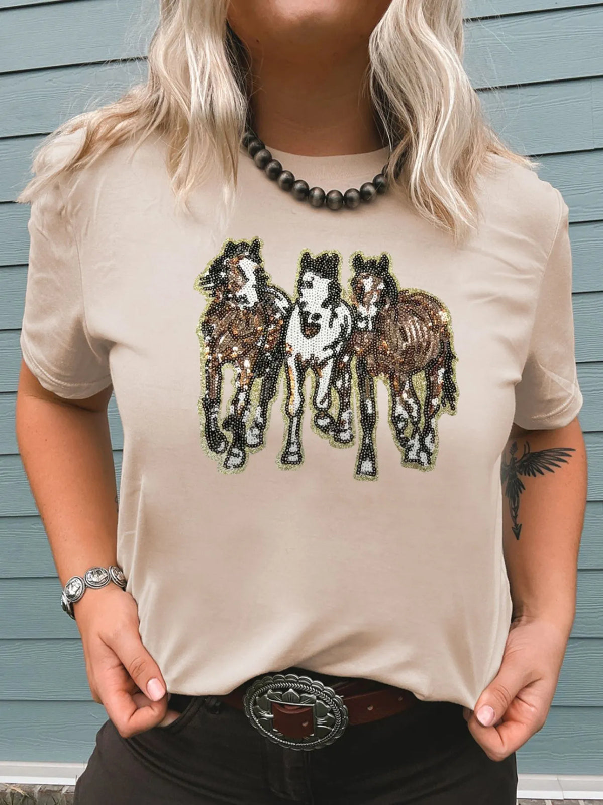Sequin Horses Patched Casual Crewneck T Shirt