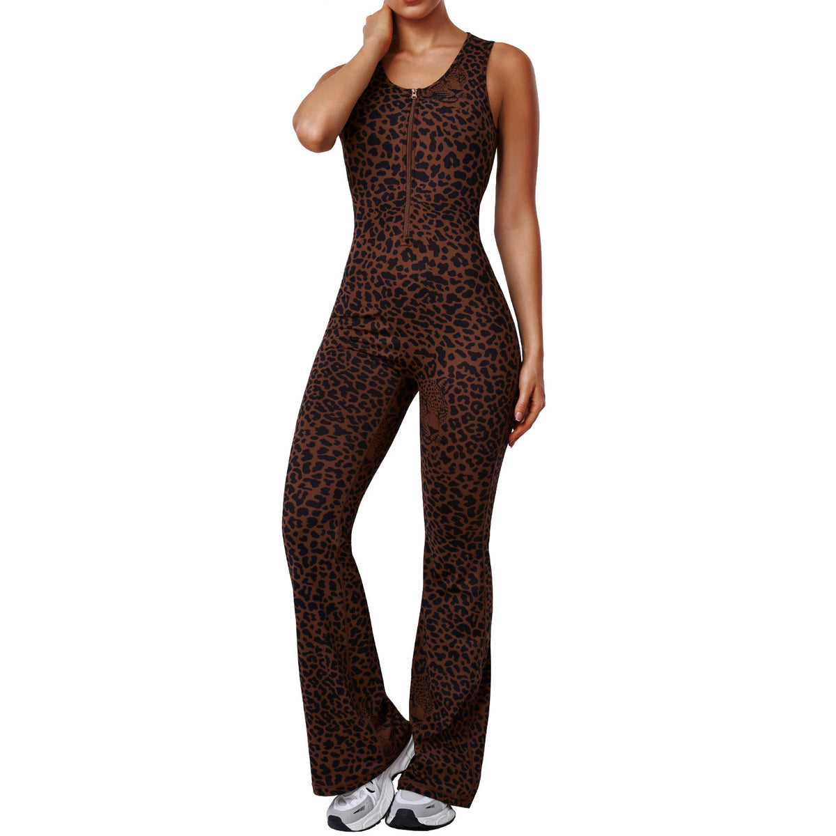 Leopard Print High-Waisted Flared Jumpsuit with Backless Design, Sexy Yoga Bodysuit, Fashionable Casual Activewear with Built-in Bra