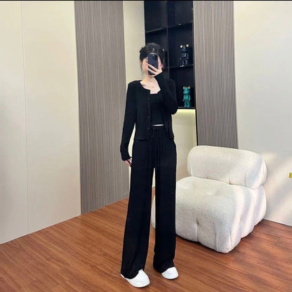 Autumn Lightweight Activewear Set, Casual Fashionable Loose Wide-Leg Pants with Cardigan Jacket, 3-Piece Women's Outfit