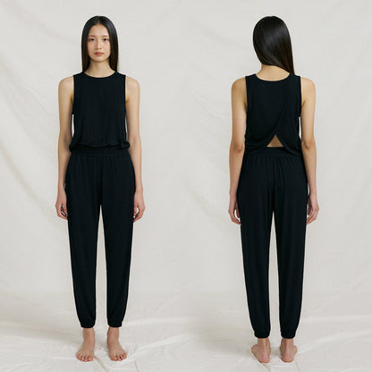 Cotton Moisture-Wicking Yoga Jumpsuit with Back Split, Tank Top and Long Pants, Relaxed Fit One-Piece Activewear Set