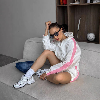 Fashionable Women's Long Sleeve Zipper Hoodie and Shorts Set, Casual Two-Piece Activewear Outfit