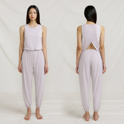 Cotton Moisture-Wicking Yoga Jumpsuit with Back Split, Tank Top and Long Pants, Relaxed Fit One-Piece Activewear Set