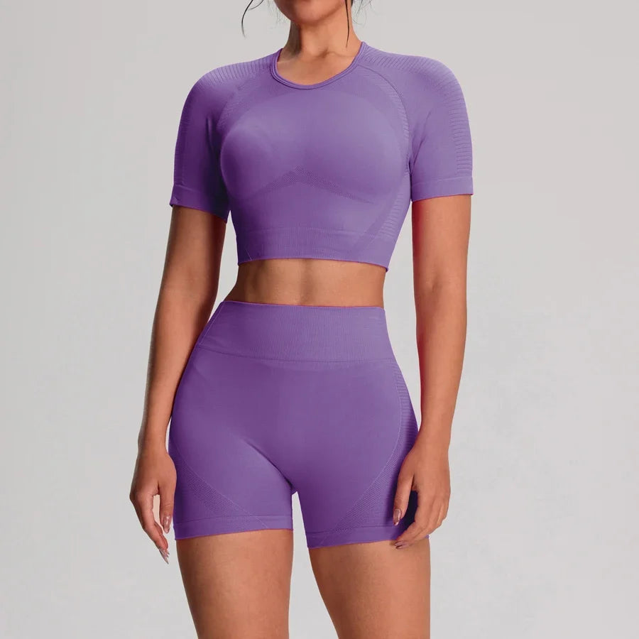 2pcs/sets Yoga Sport T-shirts Shorts Set Sportswear Woman Gym Seamless Workout Vest Shorts Leggings Activewear Women's Tracksuit