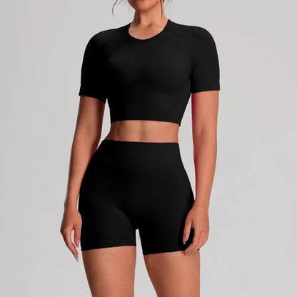 2pcs/sets Yoga Sport T-shirts Shorts Set Sportswear Woman Gym Seamless Workout Vest Shorts Leggings Activewear Women's Tracksuit