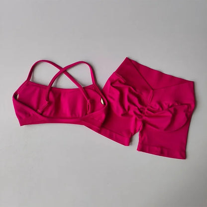 Seamless 2PCS Leggings Set Women Seamless Yoga Set High Waist Scrunch Butt Shorts With Halter Sports Bras Workout Gym Suit Set