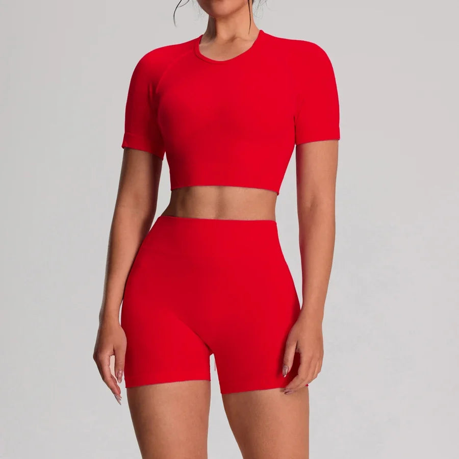 2pcs/sets Yoga Sport T-shirts Shorts Set Sportswear Woman Gym Seamless Workout Vest Shorts Leggings Activewear Women's Tracksuit