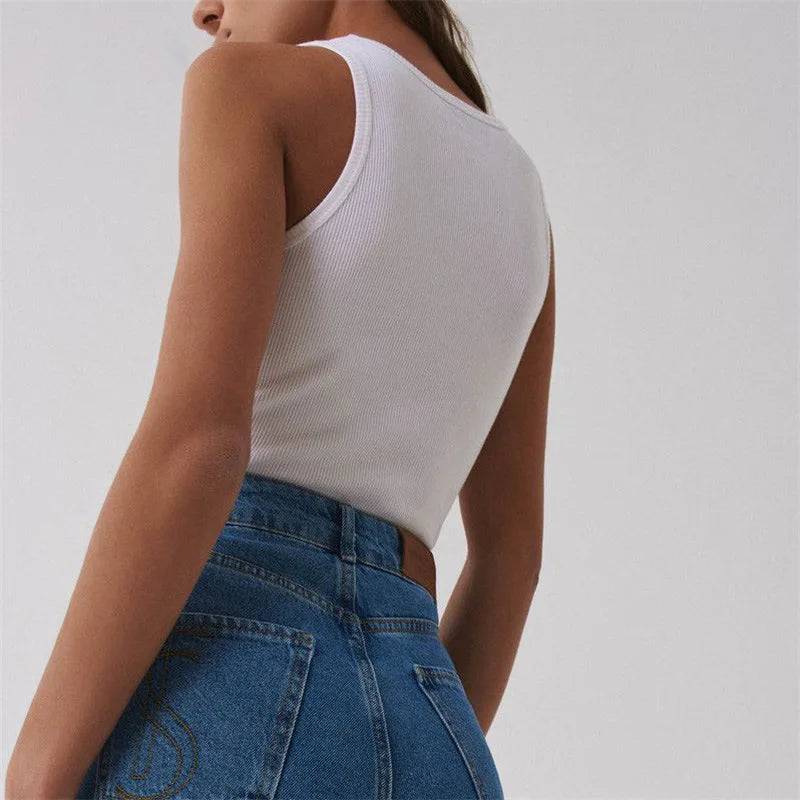 Ribbed Knitted Tops Neck Summer Basic Shirts White Black Casual Sport Vest Off Shoulder Green Women's Tank Top