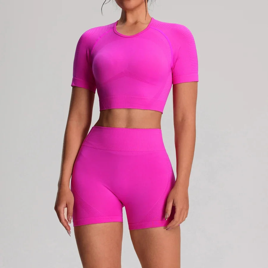 2pcs/sets Yoga Sport T-shirts Shorts Set Sportswear Woman Gym Seamless Workout Vest Shorts Leggings Activewear Women's Tracksuit