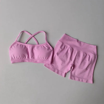 Seamless 2PCS Leggings Set Women Seamless Yoga Set High Waist Scrunch Butt Shorts With Halter Sports Bras Workout Gym Suit Set