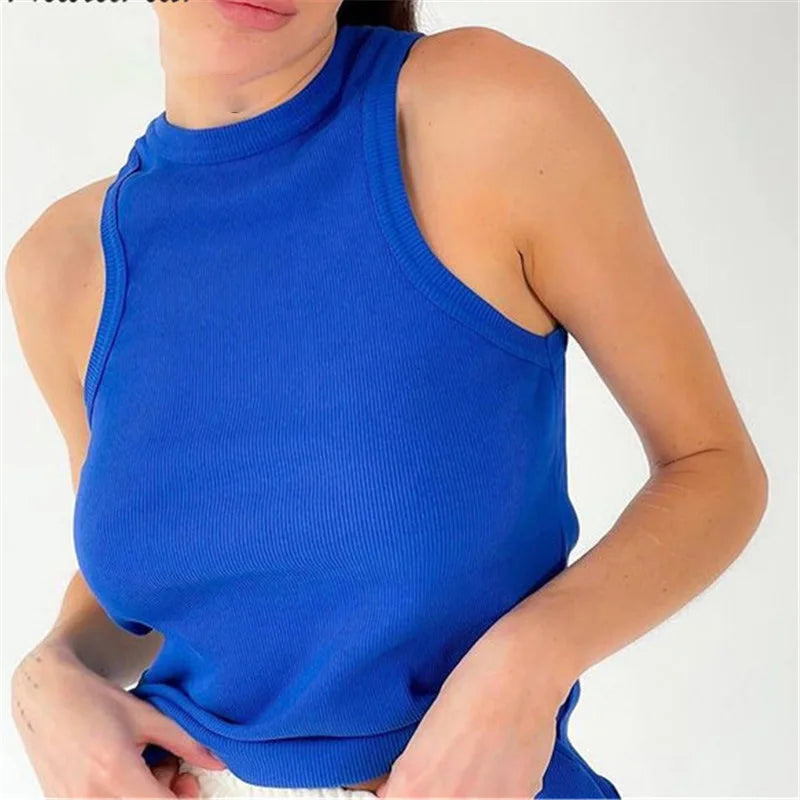 Ribbed Knitted Tops Neck Summer Basic Shirts White Black Casual Sport Vest Off Shoulder Green Women's Tank Top