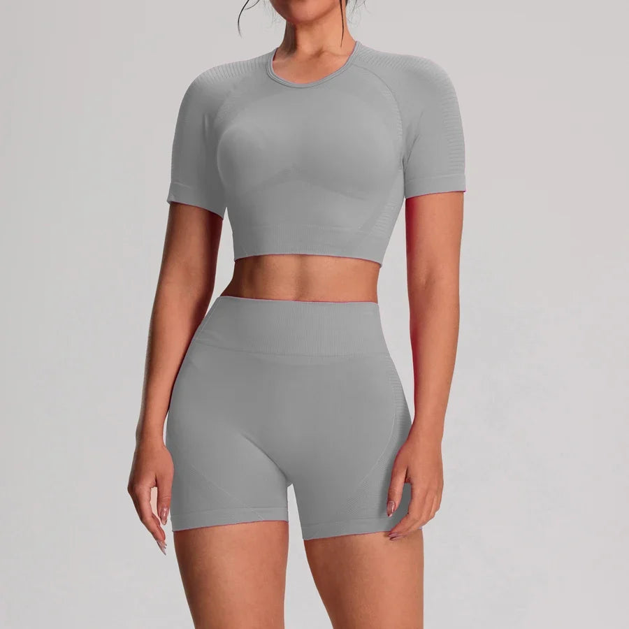 2pcs/sets Yoga Sport T-shirts Shorts Set Sportswear Woman Gym Seamless Workout Vest Shorts Leggings Activewear Women's Tracksuit