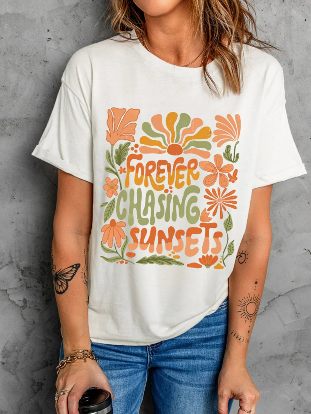 FOREVER CHASING SUNSETS Round Neck T Shirt