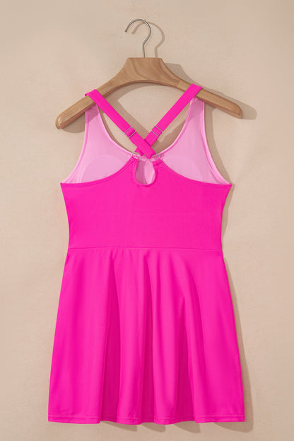 Rose Red Contrast Trim Neckline Active Shorts Attached One Piece Swim Dress