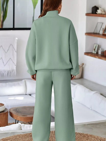 Drop Shoulder Zip Up Jacket and Drawstring Pants Active 2pcs Set