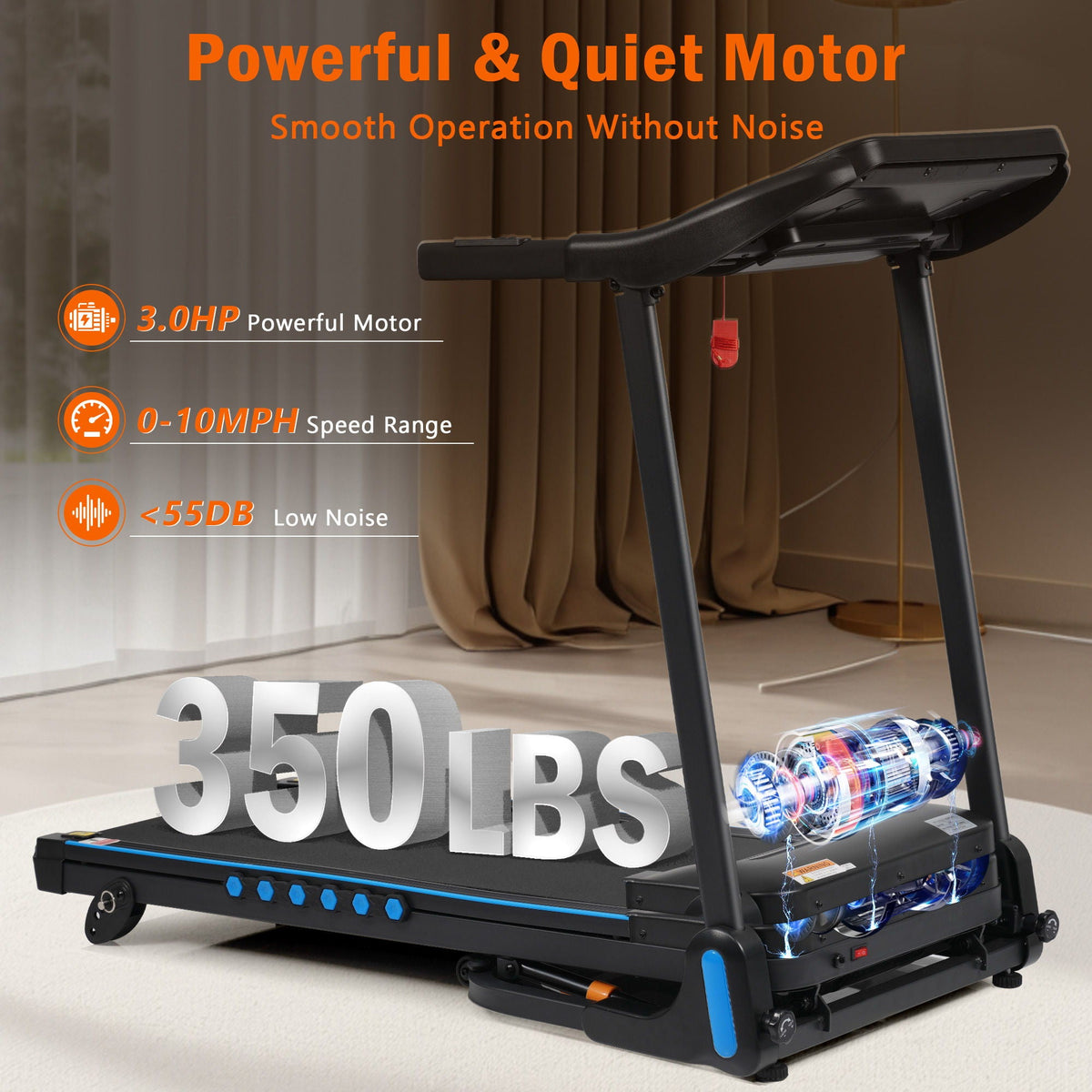 Incline Treadmill For Running & Walking, Hydraulic System Auto Folding With Type C & USB Charge For Android, 10Mph, Bluetooth Speaker - Black