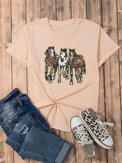 Sequin Horses Patched Casual Crewneck T Shirt