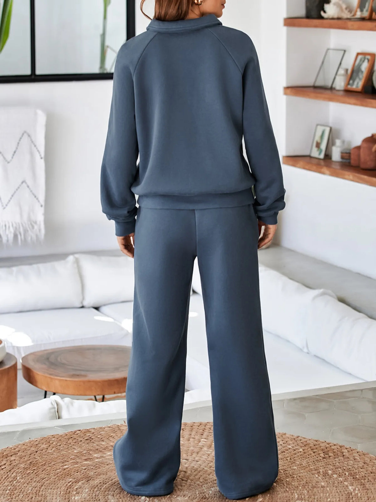 Collared Sweatshirt and High Waist Pants Active Set