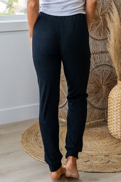 Black Ribbed Drawstring Active Jogger Pants