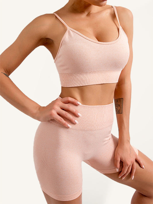 Women's Solid Color Seamless Camisole Yoga Sports Bra & Shorts Set